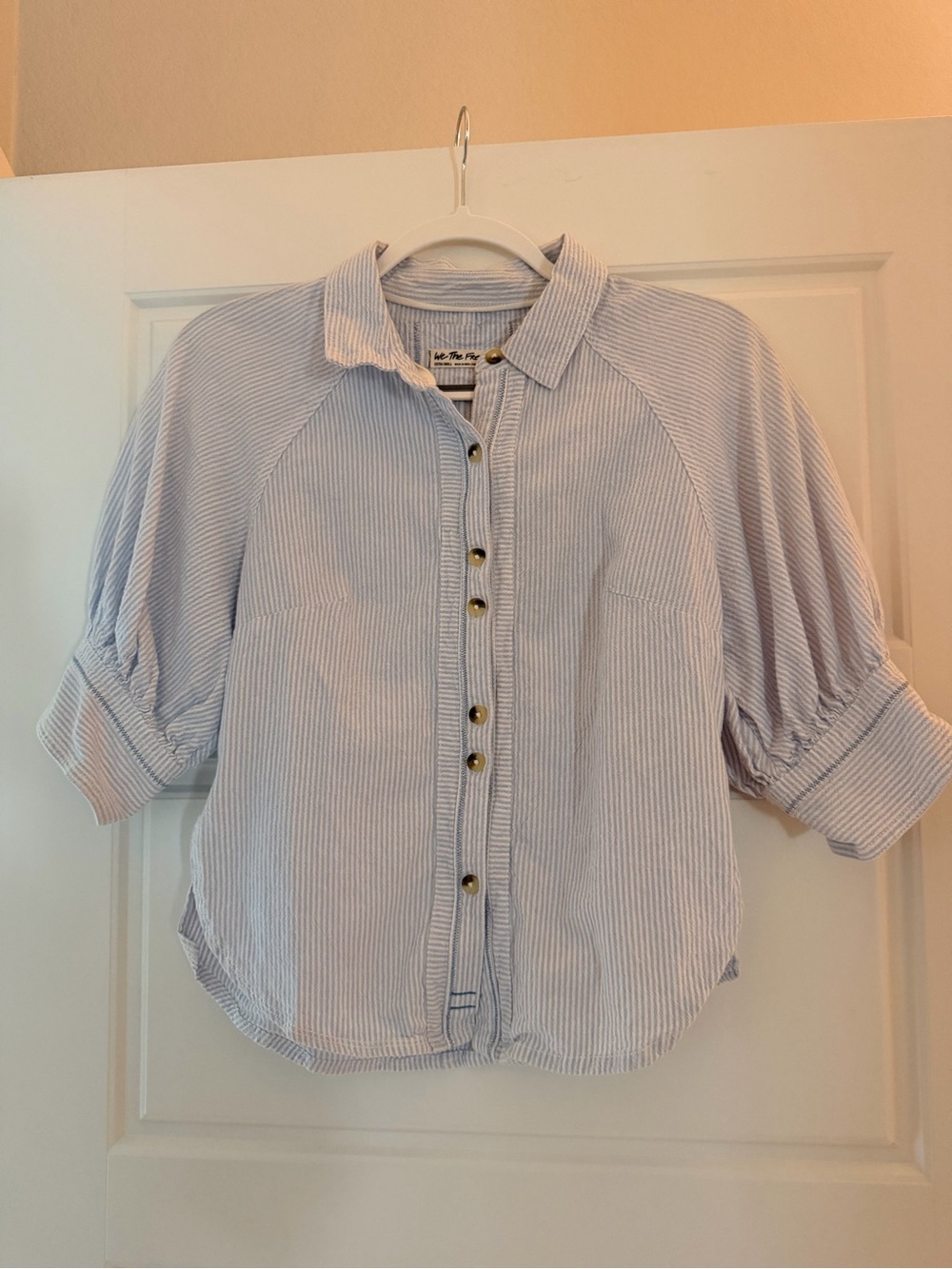 We The Free Light Blue Pinstripe Button-Down Shirt with Balloon Sleeves XS